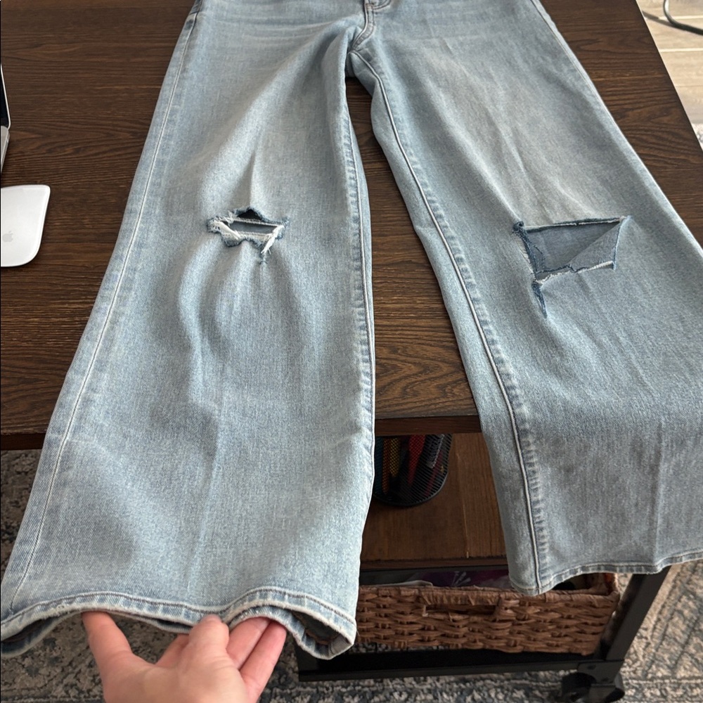 Express Wide Leg High Rise Light Blue Jeans with Distressed Knees Size 27 - Picture 6 of 11
